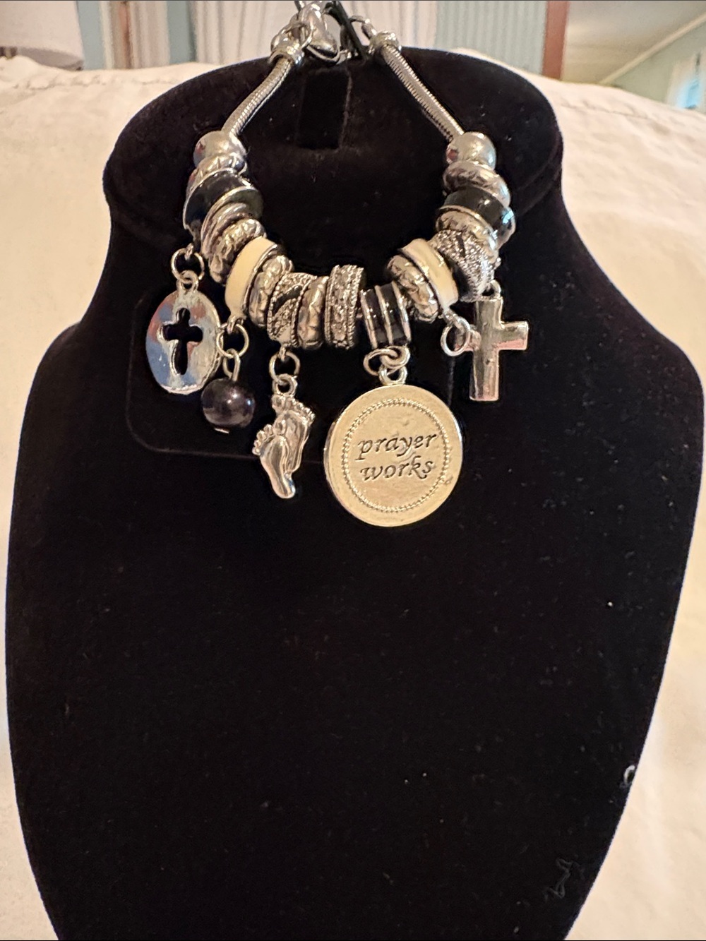 Silver prayer Charm Bracelet with Black and Cream Beads